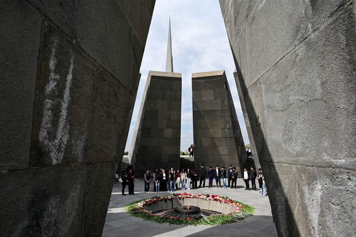 People visit the Tsitsernakaberd Armenian Genocide Memorial in Yerevan, Armenia, on April 23, 2026 on the eve of the Genocide Remembrance Day, which will mark the 111th anniversary of the World War I-era mass killings of Armenians under the Ottoman Empire in 1915. (Karen Minasyan/AFP via Getty Images)