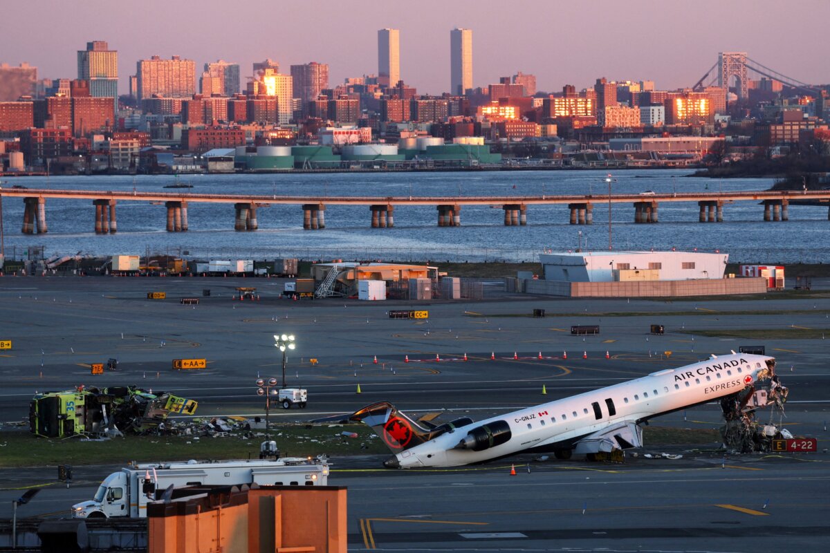 The wreckage of an Air Canada Express jet that collided with a ground vehicle at New York's LaGuardia Airport in Queens, New York on March 24, 2026. (Shannon Stapleton/Reuters)