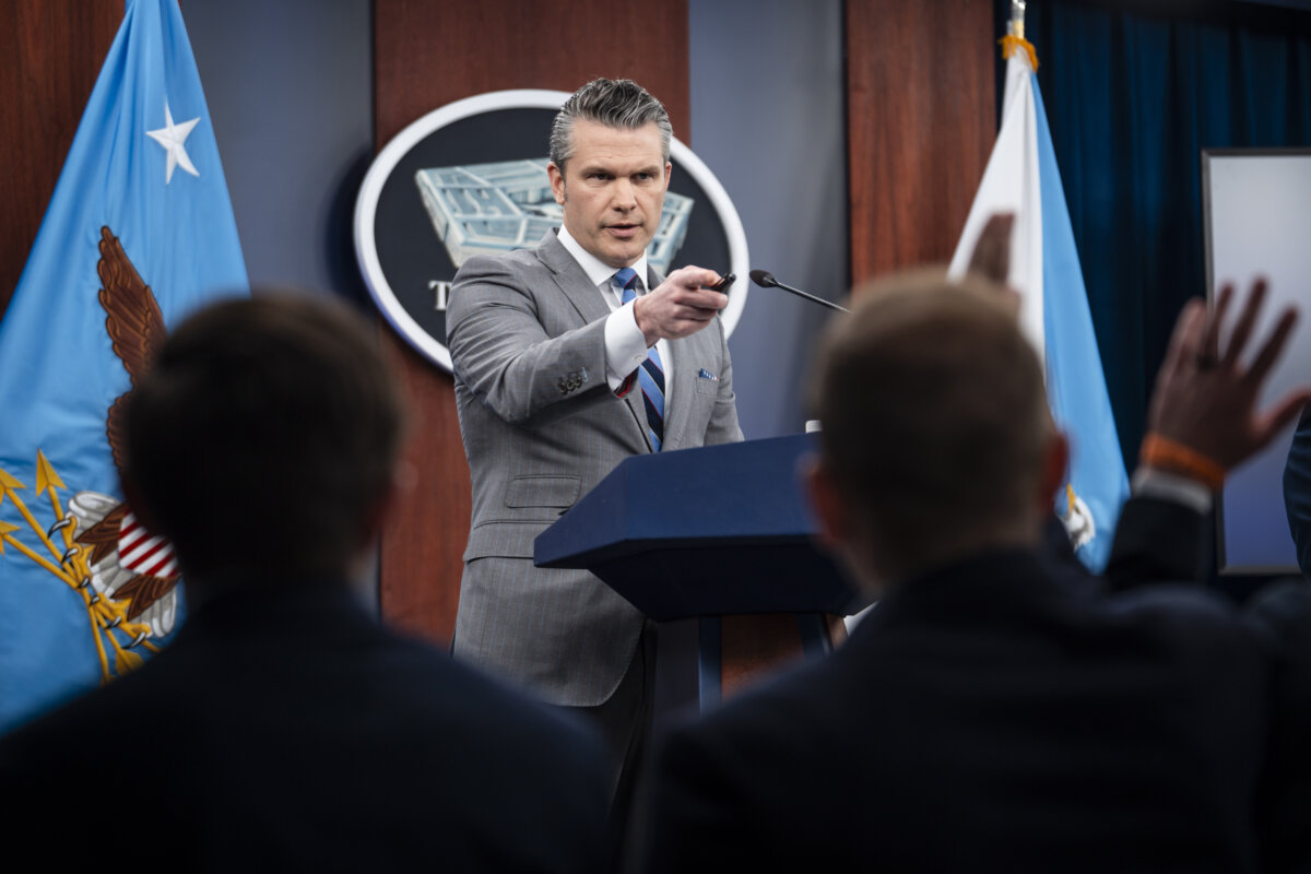 Secretary of War Pete Hegseth during a news briefing at the Pentagon in Arlington, Va., on April 24, 2026. (Madalina Kilroy/The Epoch Times)