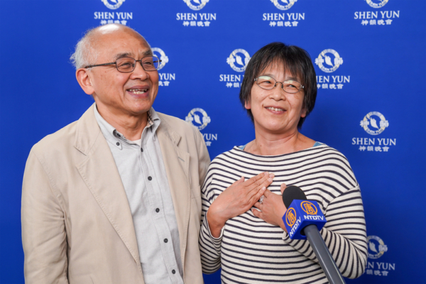 Shoji Masahiro, former president of a scientific research institute under a major Japanese food conglomerate, along with his wife, tea ceremony instructor Shoji Touko, attend Shen Yun Performing Arts at the Kamakura Performing Arts Center in Japan on April 18, 2026. (Fujino Ue/The Epoch Times)