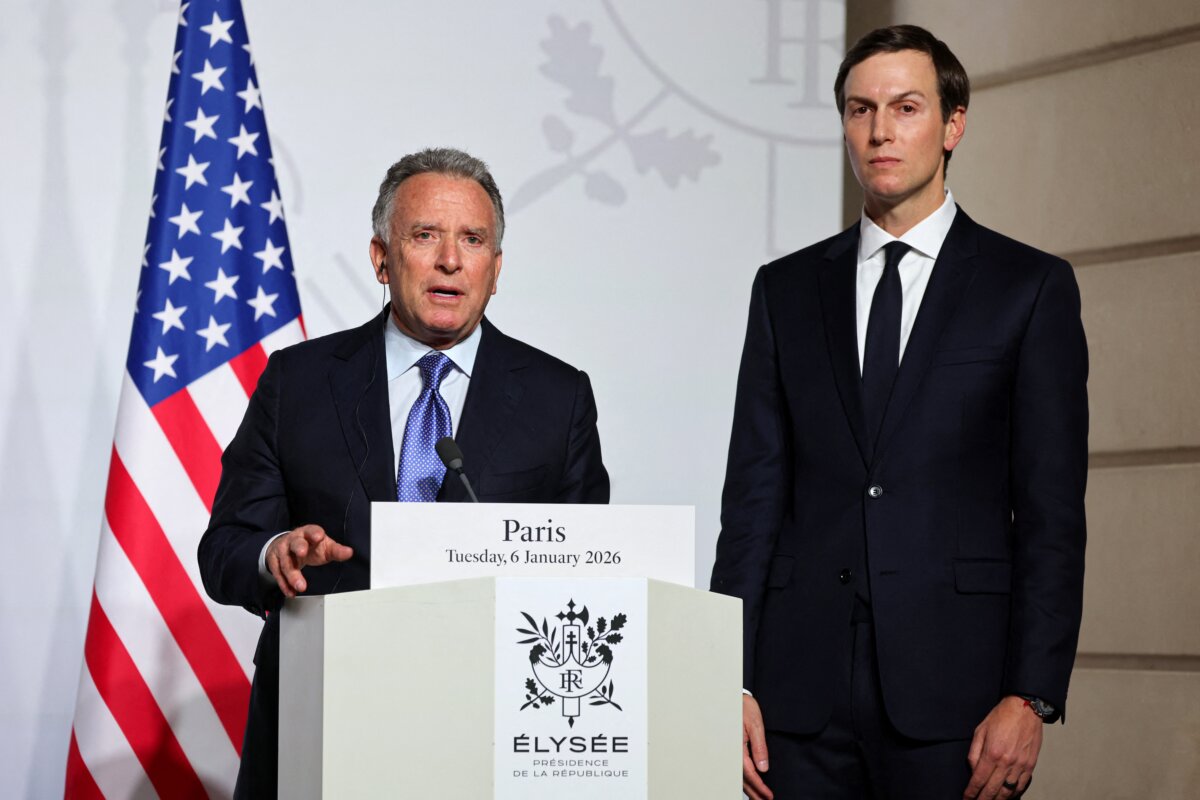U.S. Special Envoy Steve Witkoff (L) delivers a press conference flanked by businessman Jared Kushner upon the signing of the declaration on deploying post-ceasefire force in Ukraine during the Coalition of the Willing summit on security guarantees for Ukraine, at the Elysee Palace in Paris on Jan. 6, 2026. (Ludovic Marin/Pool/AFP via Getty Images)