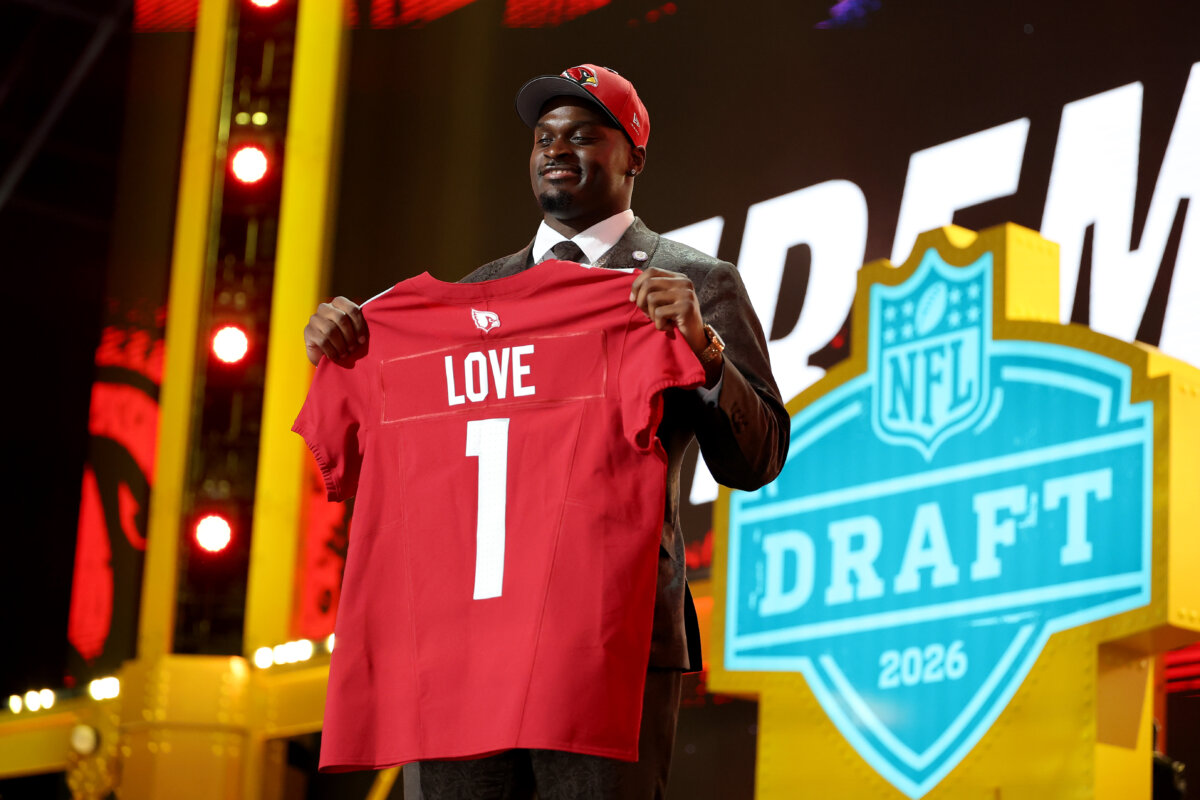 Jeremiyah Love of Notre Dame celebrates after being selected third overall pick by the Arizona Cardinals during Round One of the 2026 NFL Draft at Acrisure Stadium in Pittsburgh on April 23, 2026. (Emilee Chinn/Getty Images)