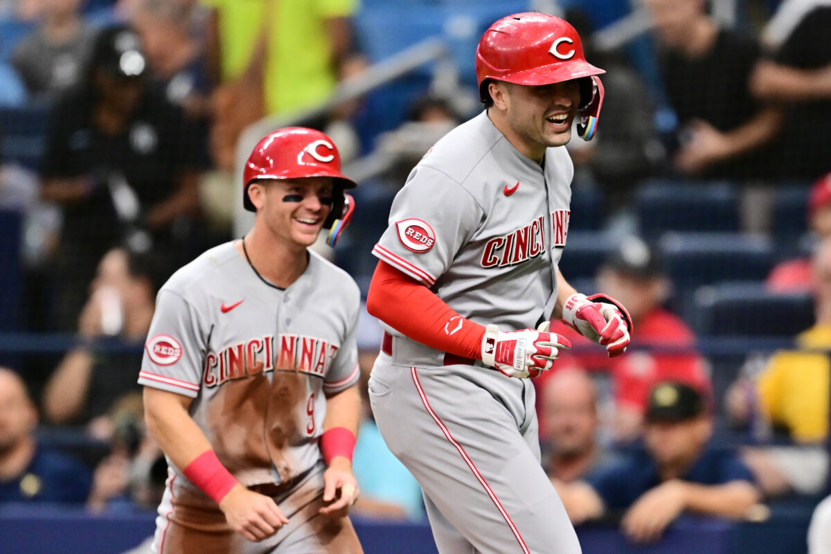 Sal Stewart #27 of the Cincinnati Reds celebrates with teammate Matt McLain #9 after hitting a two-run home run in the first inning against the Tampa Bay Rays at Tropicana Field in St Petersburg, Florida on April 20, 2026. (Julio Aguilar/Getty Images)