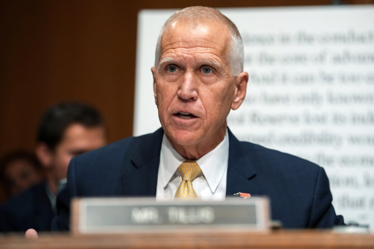 Sen. Thom Tillis (R-N.C.) speaks during a Senate Committee on Banking, Housing, and Urban Affairs confirmation hearing for Kevin Warsh, President Donald Trump's nominee for chair of the Federal Reserve, in the Dirksen Senate Office Building in Washington on April 21, 2026. (Andrew Harnik/Getty Images)