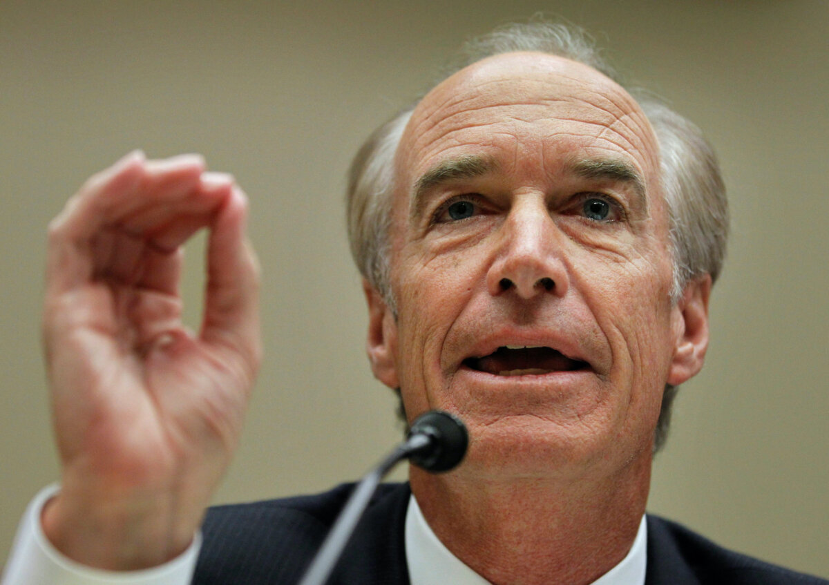 Former Interior Secretary Dirk Kempthorne testifies during a joint House Subcommittees' hearing of Oversight and Investigations, and of Energy and Environment, regarding the role of the Interior Department in the Deepwater Horizon disaster, on Capitol Hill in Washington on July 20, 2010. (Manuel Balce Ceneta/AP Photo)