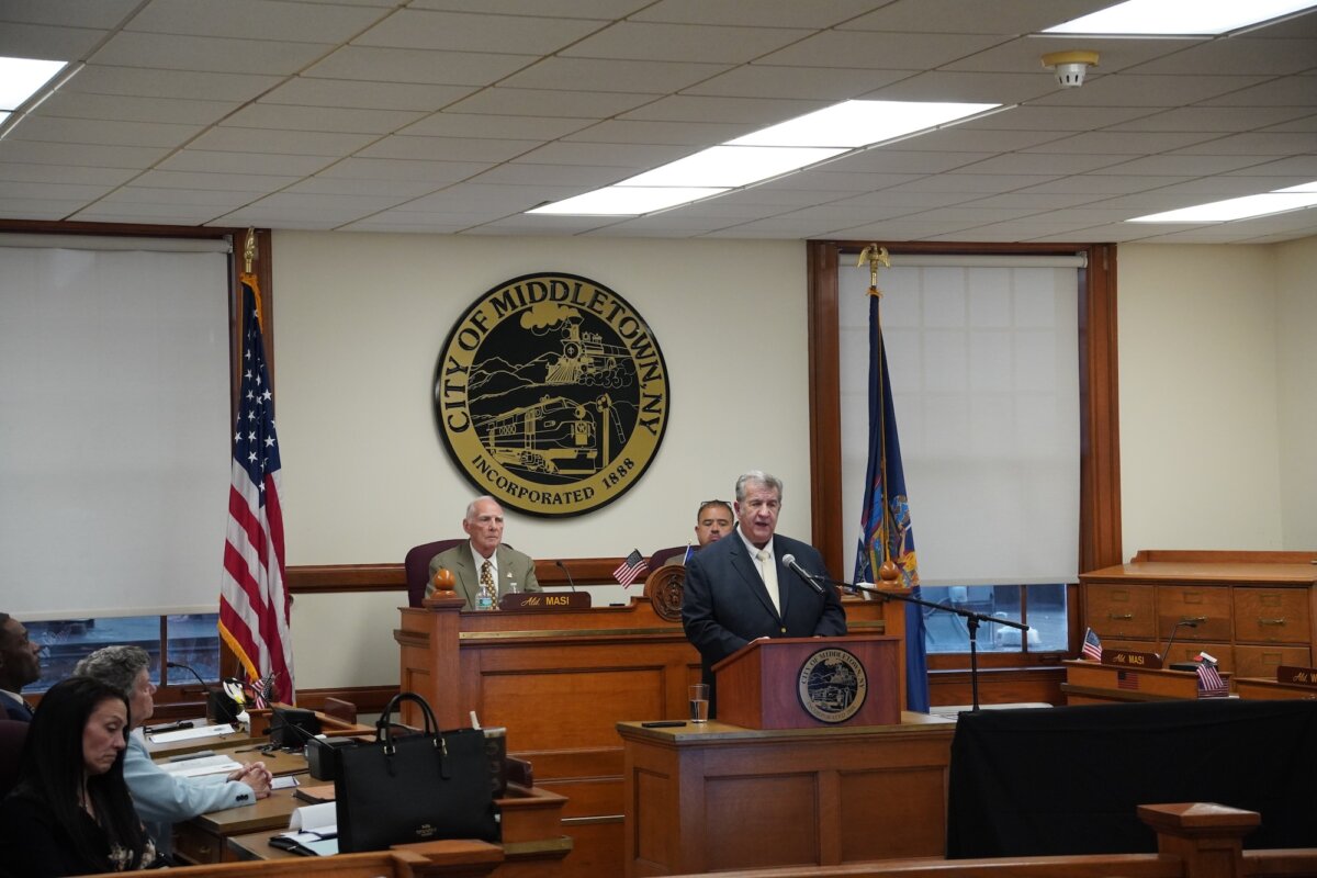 Middletown Mayor Joseph DeStefano speaks at the 2025 State of the City Address at City Hall in Middletown, N.Y., on April 21, 2026. (Oliver Mantyk/The Epoch Times)