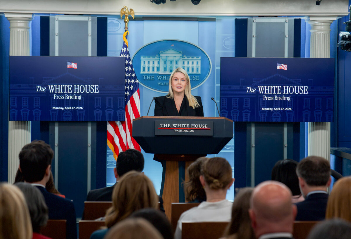 White House press secretary Karoline Leavitt speaks during a press briefing at the White House on April 27, 2026. (Madalina Kilroy/The Epoch Times)