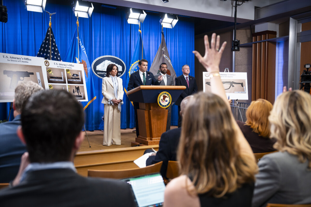 (L-R) U.S. Attorney Jeanine Pirro, acting Attorney General Todd Blanche, FBI Director Kash Patel, and Assistant Director Darren Cox at a press conference on the weekend shooting at the White House Correspondents'
Dinner, at the Justice Department in Washington on April 27, 2026. (Madalina Kilroy/The Epoch Times)