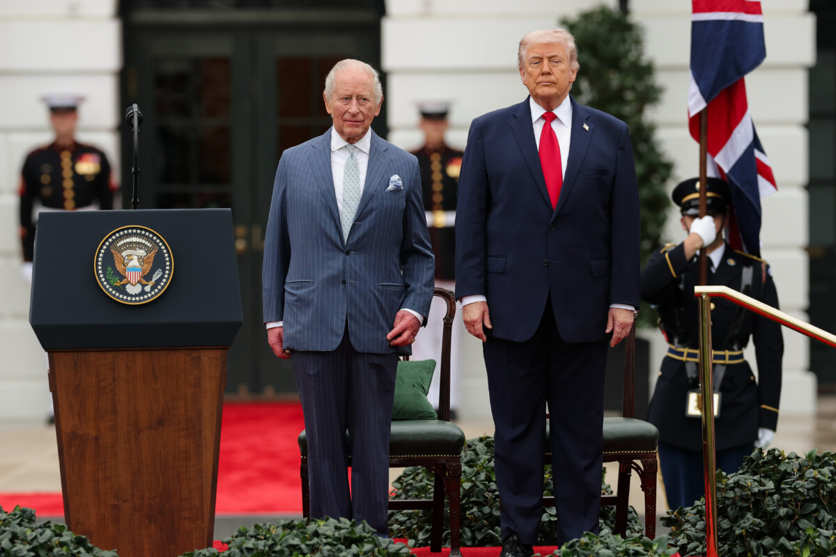 King Charles III and President Donald Trump stand during a state arrival ceremony on the South Lawn of the White House in Washington on April 28, 2026. (Kevin Dietsch/Getty Images)