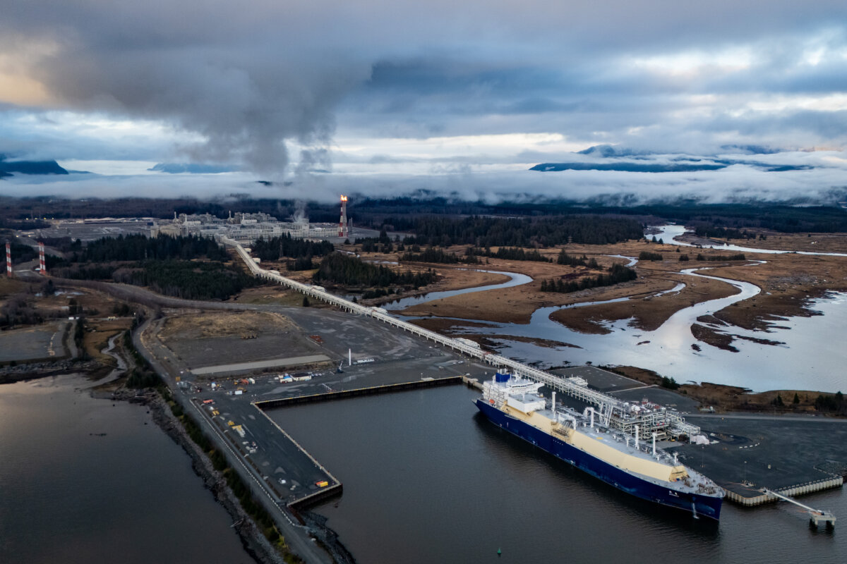 Wudang, a liquefied natural gas (LNG) tanker, fills up at an LNG Canada facility, in an aerial view, in Kitimat, B.C., on Nov. 13, 2025. (The Canadian Press/Ethan Cairns)