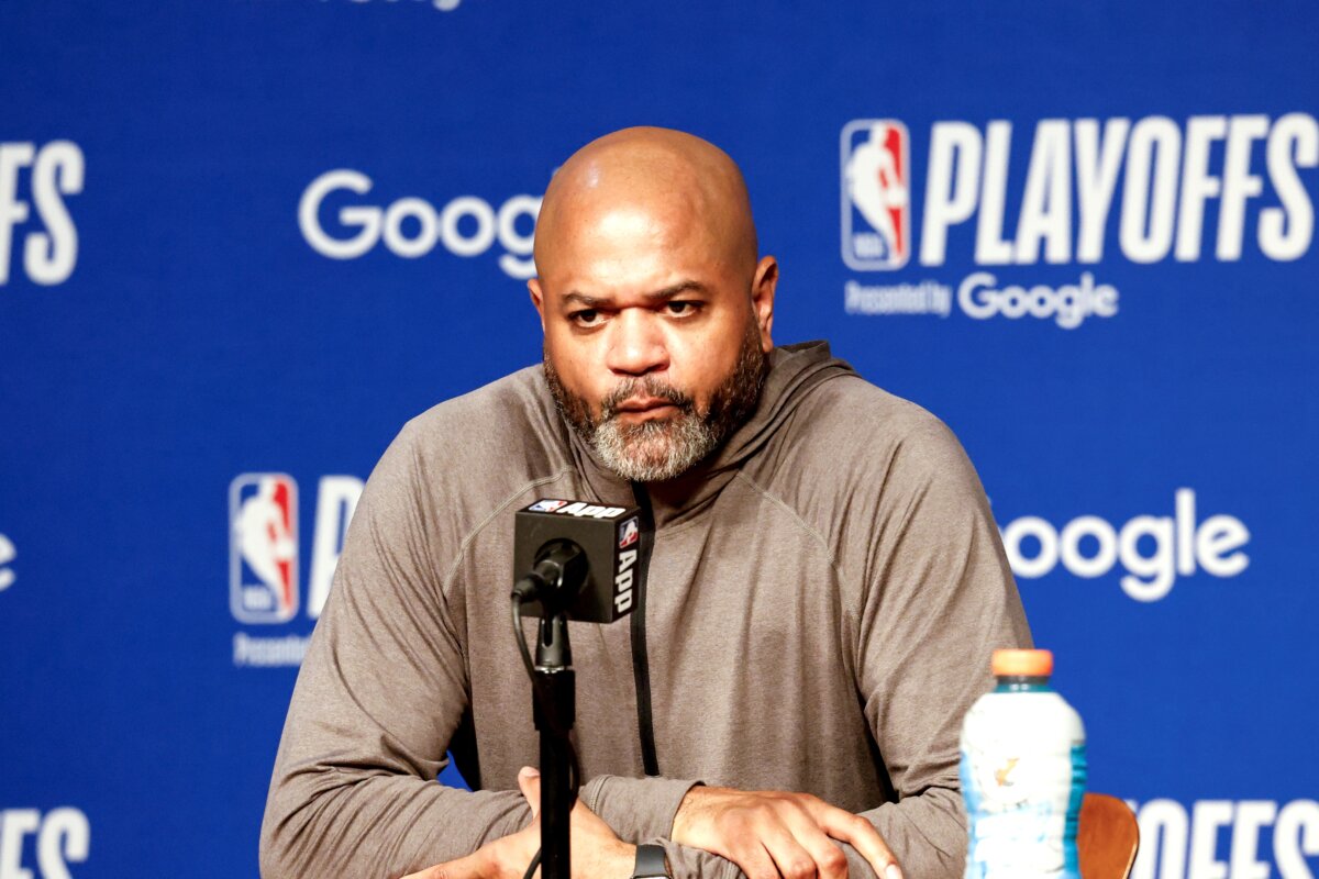 Head Coach J.B. Bickerstaff of the Detroit Pistons during a press conference prior to Game 4 of the first round of the Eastern Conference Playoffs against the Magic at the Kia Center in Orlando on April 27, 2026. (Don Juan Moore/Getty Images)