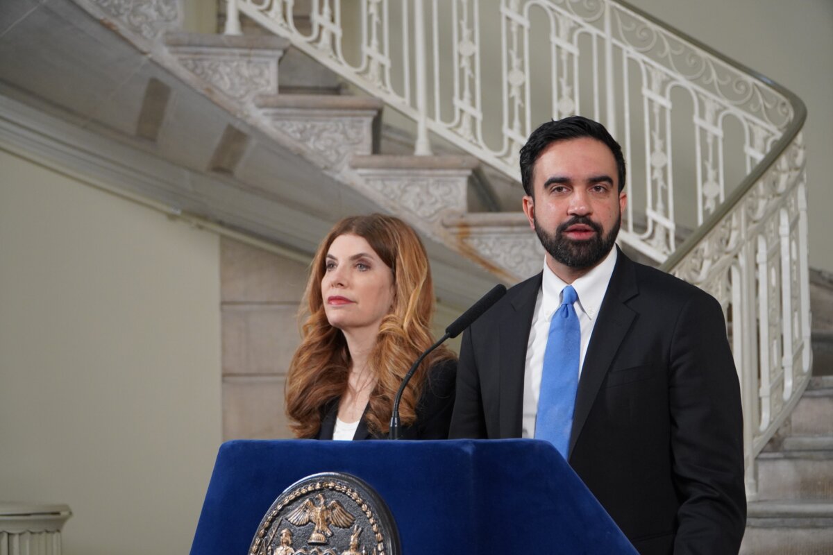 New York City Mayor Zohran Mamdani and City Council Speaker Julie Menin speak at New York City Hall on April 28, 2026. (Nicholas Zifcak/The Epoch Times)