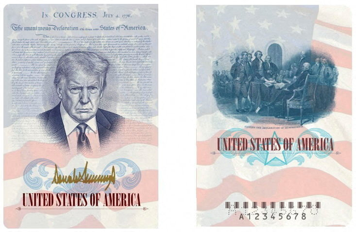 A U.S. passport featuring an image and signature of President Donald Trump in a rendering released by the State Department in Washington on April 28, 2026. (U.S. State Department/Handout via Reuters)