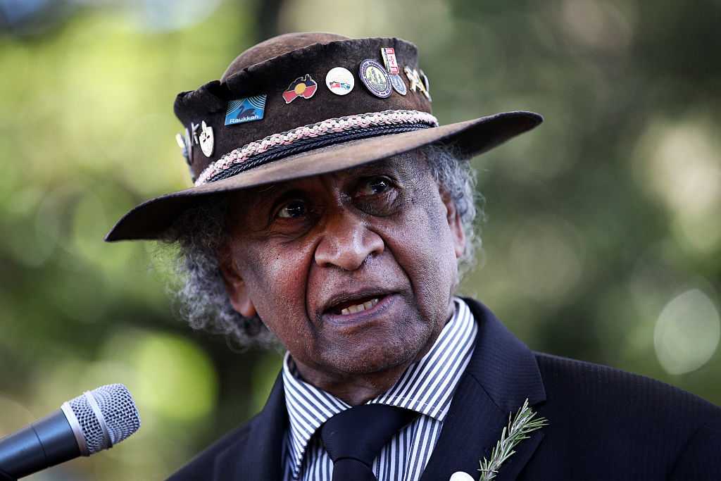 Pastor Ray Minniecon addresses the crowd during the "Coloured Digger" ANZAC Day service at Redfern in Sydney, Australia on April 25, 2026. (Lisa Maree Williams/Getty Images)