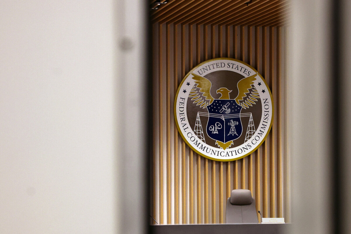 The seal for the Federal Communications Commission in the Commission's briefing room at the FCC headquarters in Washington on Feb 18, 2026. (Kevin Dietsch/Getty Images)