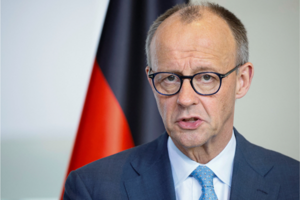 German Chancellor Friedrich Merz and Ireland's Taoiseach (Prime Minister) Micheal Martin (not pictured) hold a press conference at the Chancellery in Berlin, Germany, on April 16, 2026. (Axel Schmidt/Reuters)