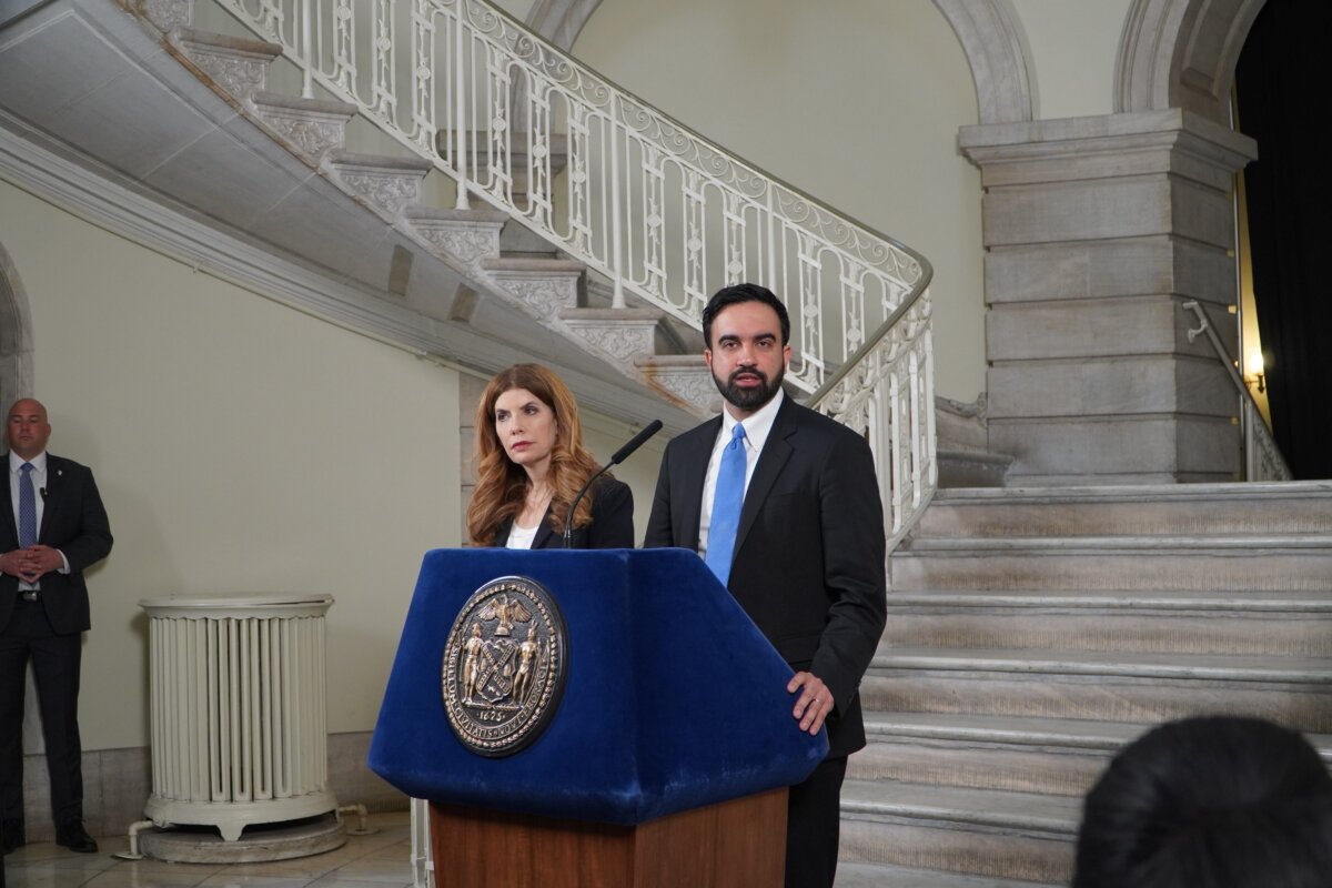 New York City Mayor Zohran Mamdani and City Council Speaker Julie Menin speak at City Hall on April 28, 2026. (Nicholas Zifcak/The Epoch Times)