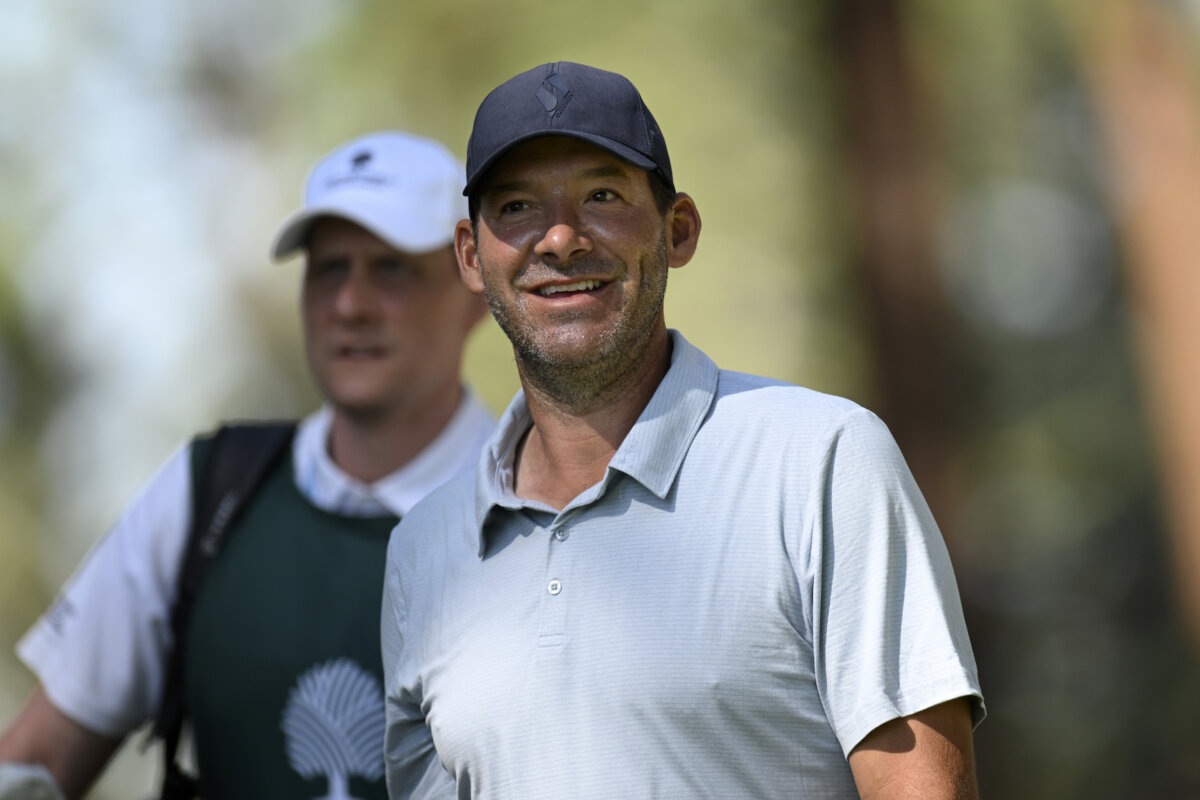 Tony Romo stands in the second tee box during the second round of the American Century Championship at Edgewood Tahoe Golf Course in Stateline, Nev., on July 12, 2025. (Eakin Howard/Getty Images)