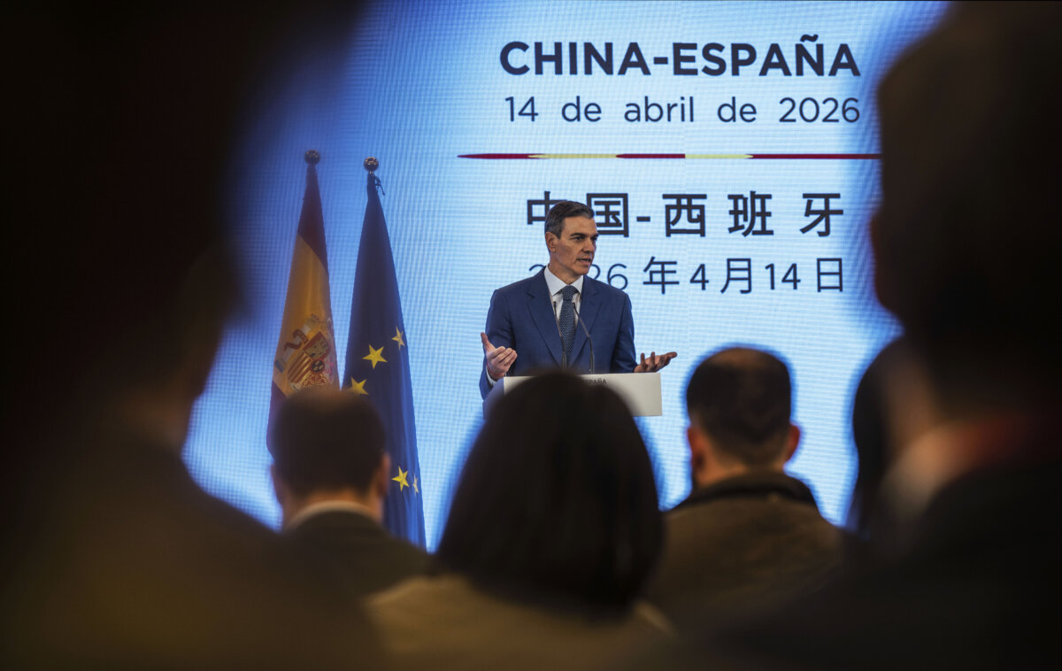 Spanish Prime Minster Pedro Sanchez speaks at a news conference after his meeting with Chinese leader Xi Jinping in Beijing on April 14, 2026. (Kevin Frayer/Getty Images)