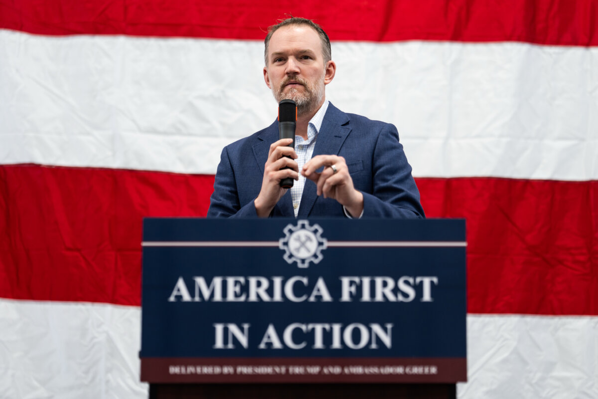U.S. Trade Representative Jamieson Greer speaks during a tour of the Atomic Industries manufacturing facility in Warren, Mich., on April 9, 2026. (AP Photo/Julia Demaree Nikhinson)