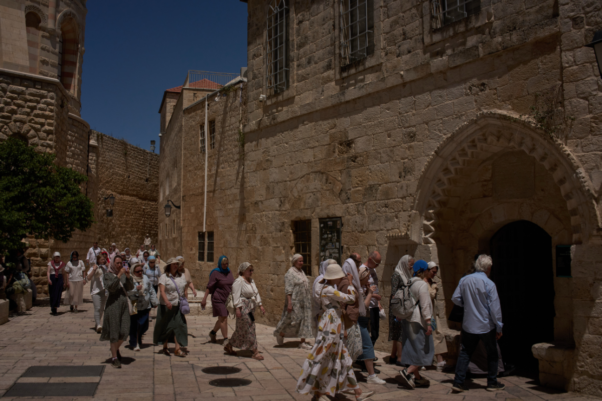 Christian pilgrims visit the Cenacle, traditionally believed to be the site of the Last Supper, in Jerusalem, Israel, on May 1, 2026. (Leo Correa/AP Photo)