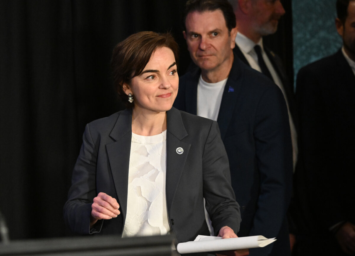 Quebec Premier Christine Fréchette walks in a news conference at a pre-session caucus meeting in Rivière-du-Loup, Que., on May 1, 2026. (The Canadian Press/Jacques Boissinot)
