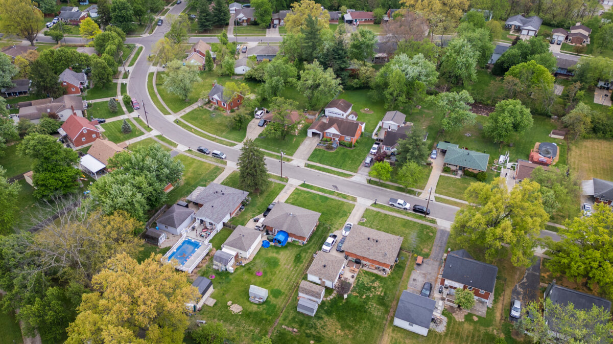 An aerial view of single-family homes in Springfield Township, Ohio, on April 18, 2026. (Glenn Hartong for The Epoch Times)