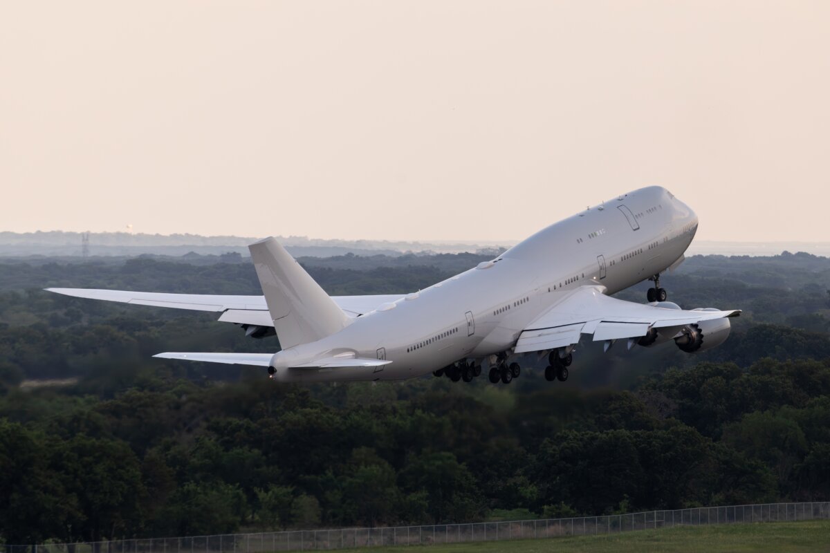 The VC-25B Bridge aircraft takes off for a flight test at Greenville, Texas. (U.S. Air Force)
