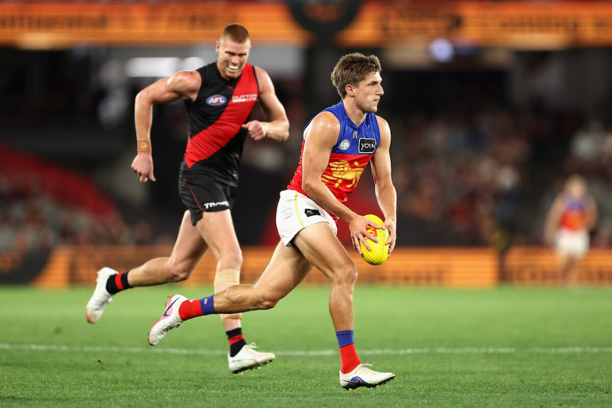 Zac Bailey of the Lions kicks the ball during the Round 8 AFL match between the Essendon Bombers and Brisbane Lions at Marvel Stadium in Melbourne, Australia on May 2, 2026. (AAP Image/Rob Prezioso)