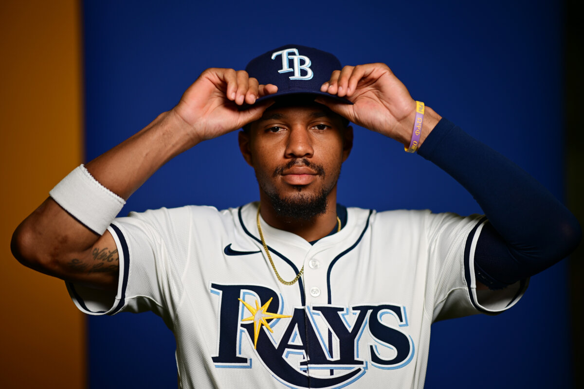Chandler Simpson #14 of the Tampa Bay Rays poses for a picture during the 2026 Tampa Bay Rays Photo Day at Charlotte Sports Park in Port Charlotte, Florida on Feb. 19, 2026. (Julio Aguilar/Getty Images)