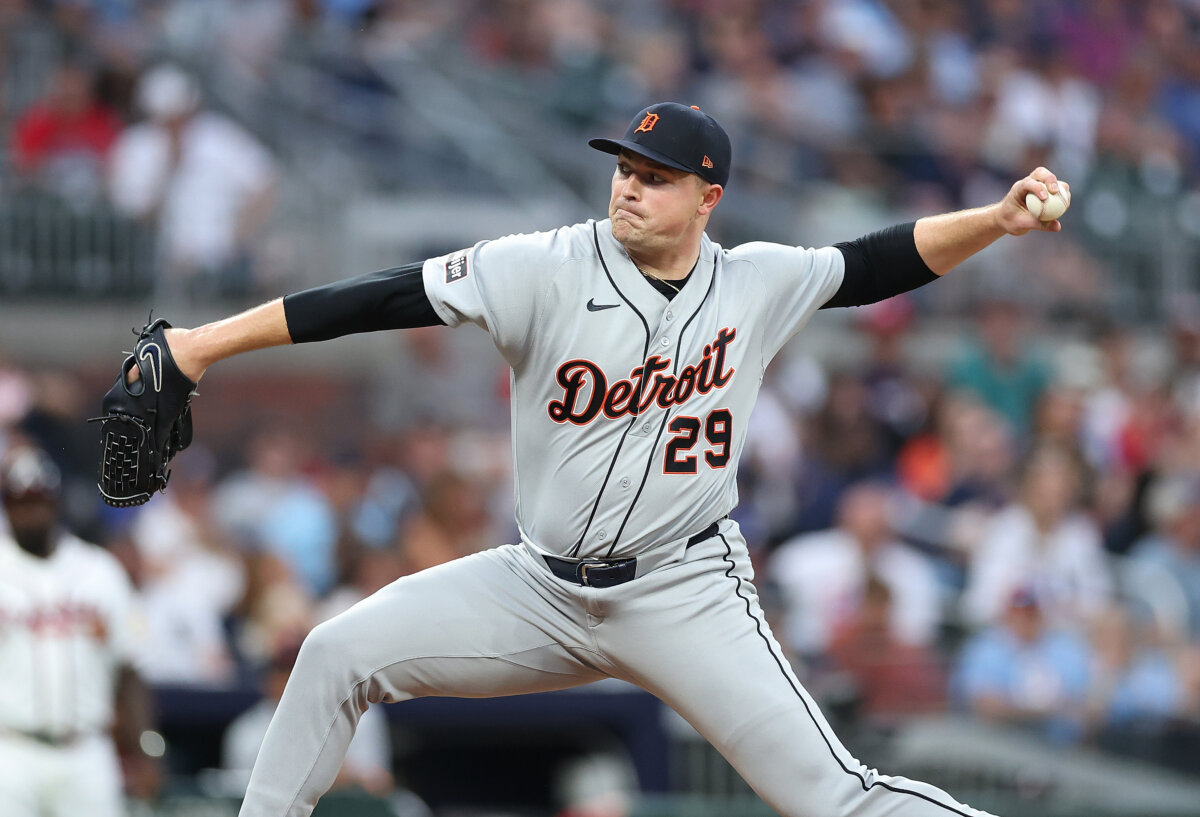 Tarik Skubal #29 of the Detroit Tigers pitches in the second inning against the Atlanta Braves at Truist Park in Atlanta, Ga., on April 29, 2026. (Kevin C. Cox/Getty Images)