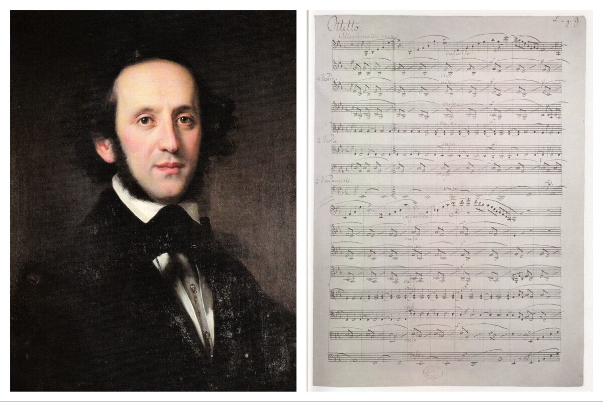 (Left) A portrait of Felix Mendelssohn, 1846, by the German painter Eduard Magnus. Berlin State Library. (Public Domain) (Right) The First page of the manuscript of Mendelssohn's String Octet. (Public Domain)