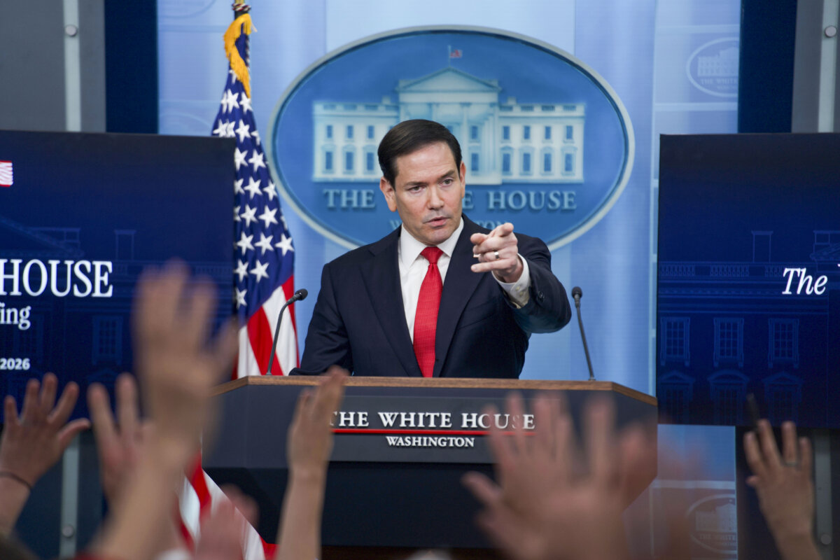 State Secretary Marco Rubio speaks during a press briefing at the White House on May 5, 2026. (Madalina Kilroy/The Epoch Times)