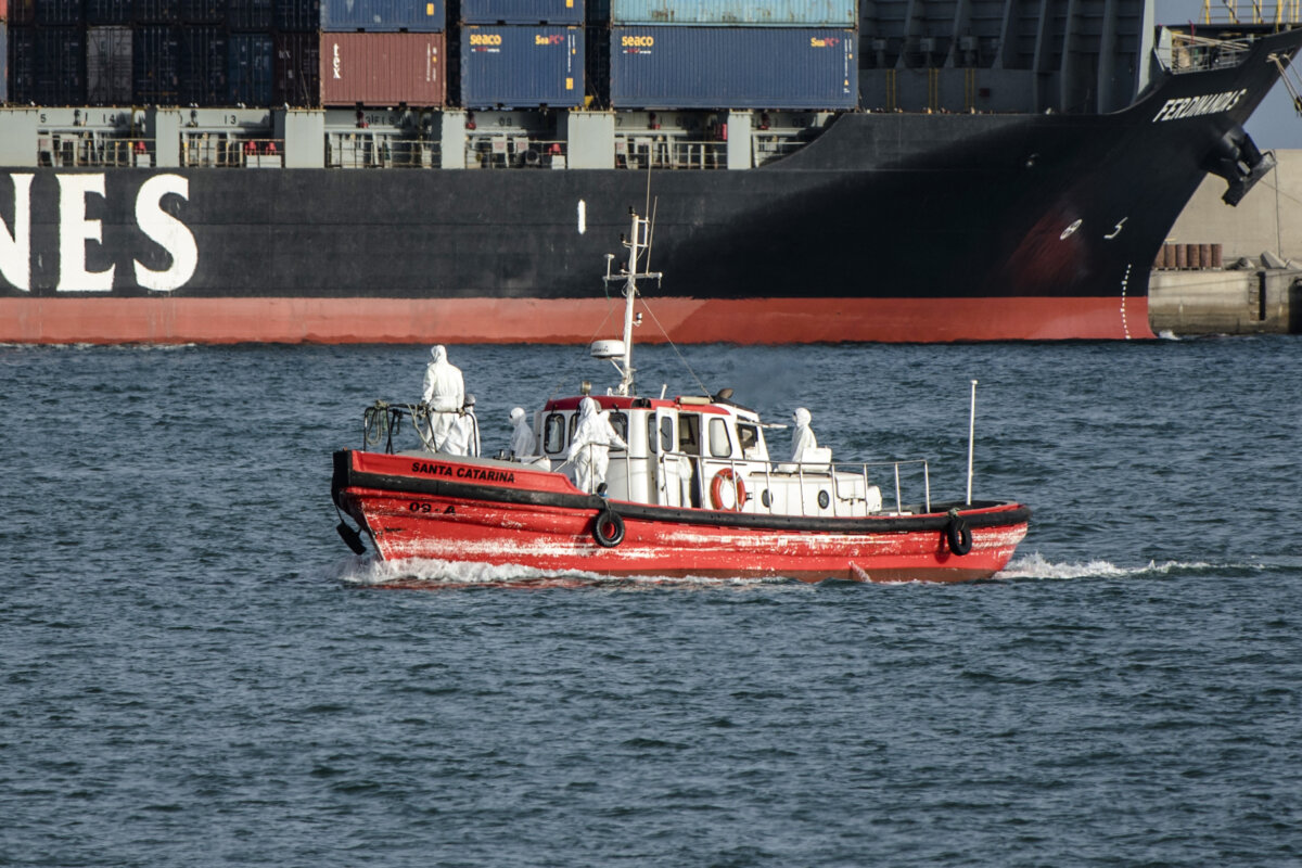 An ambulance boat returns to the port of Praia, Cape Verde, off the coast of West Africa, on May 5, 2026, after a visit to the cruise ship MV Hondius. Two seriously ill crew members on the ship stricken by a deadly hantavirus outbreak will be evacuated via Cape Verde to the Netherlands, allowing the vessel to sail on to Spain's Canary Islands, the ship operator said Tuesday. (AFP via Getty Images)