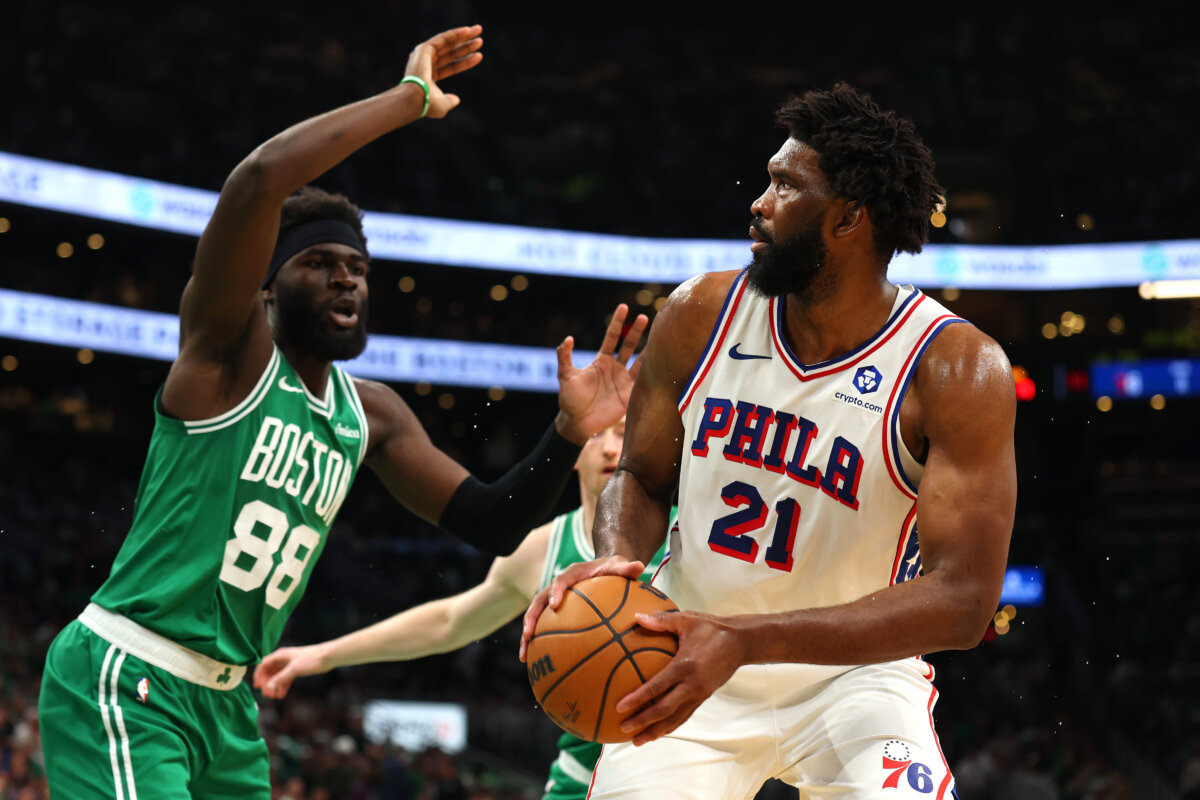Joel Embiid (21) of the Philadelphia 76ers looks to shoot in front of Neemias Queta (88) of the Boston Celtics during the first quarter in Game Seven of the First Round of the NBA Eastern Conference Playoffs at TD Garden in Boston, on May 2, 2026. (Maddie Meyer/Getty Images)