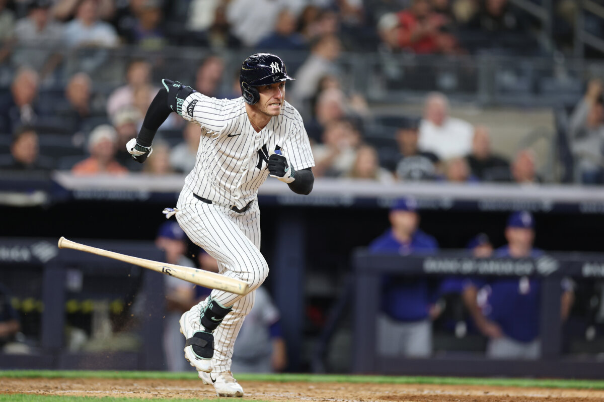 Cody Bellinger #35 of the New York Yankees drives in two runs with a double in the seventh inning against the Texas Rangers during their game at Yankee Stadium in New York City on May 5, 2026. (Al Bello/Getty Images)