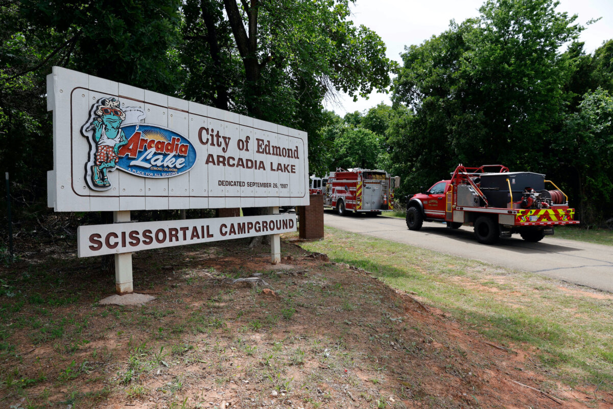Edmond fire crews enter Scissortail Campground at Arcadia Lake in Edmond, Okla. on May 4, 2026 after a party shooting on Sunday evening. (Alonzo Adams/AP Photo)