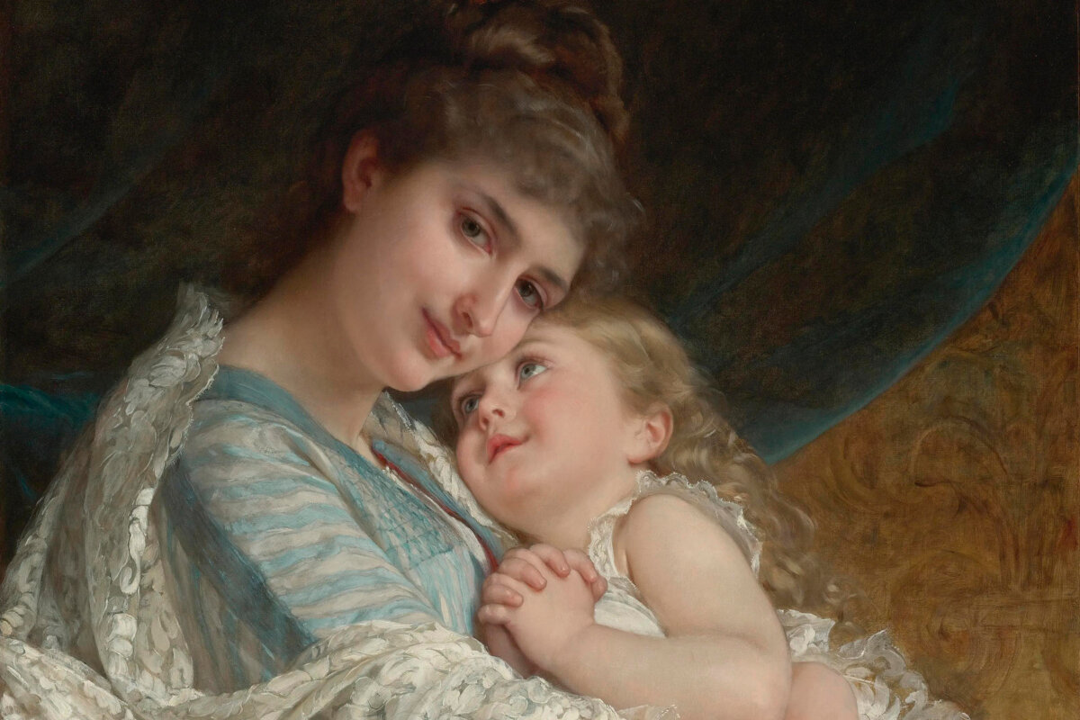 A detail of "A Tender Embrace," 1887, by Emile Munier. For centuries, painters have returned to the theme of maternal affection again and again. (Public Domain)