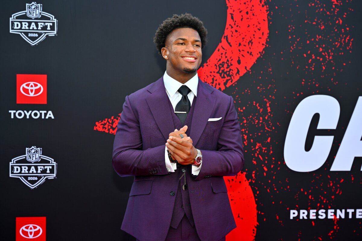 Caleb Downs of Ohio State arrives prior to the 2026 NFL Draft in Pittsburgh, Pennsylvania on April 23, 2026. (Photo by Jason Miller/Getty Images)