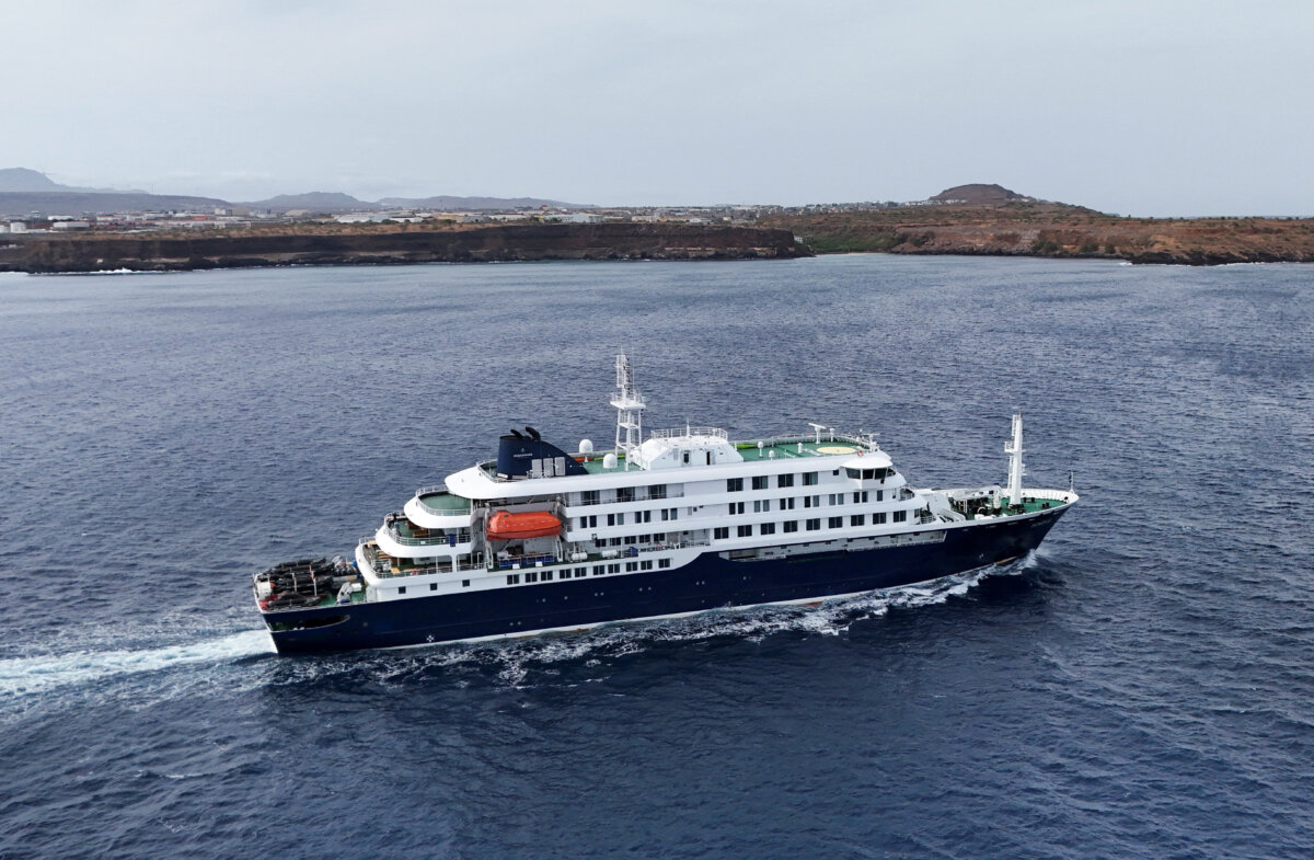 The cruise ship MV Hondius, carrying passengers suspected of having cases of hantavirus on board, leaves Praia, Cape Verde, on May 6, 2026. (Stringer/Reuters)