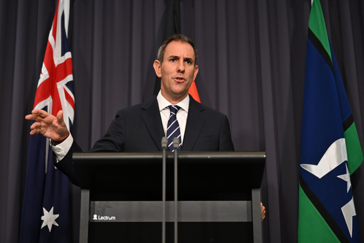 Australian Treasurer Jim Chalmers speaks to the media during a press conference at Parliament House in Canberra, on March 4, 2026. (AAP Image/Lukas Coch)