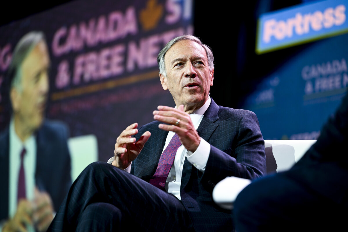 Former U.S. Secretary of State Mike Pompeo speaks during a fireside chat with Conservative MP Shuvaloy Majumdar during the annual Canada Strong and Free Network in Ottawa on May 7, 2026. (The Canadian Press/Spencer Colby)