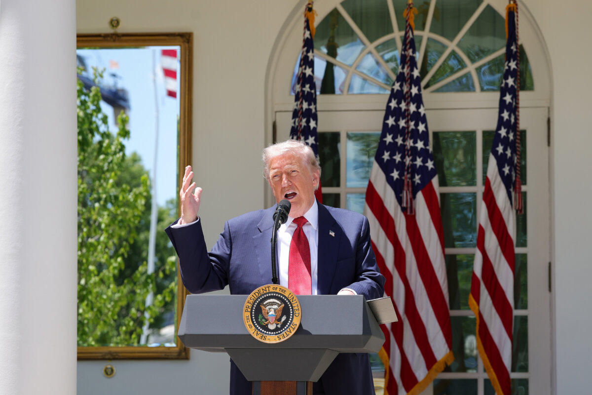 President Donald Trump delivers remarks during a Mother's Day luncheon in the Rose Garden of the White House in Washington on May 8, 2026. Trump is hosting Angel Moms and Gold Star Mothers at the White House ahead of Mother's Day on May 10. (Kevin Dietsch/Getty Images)