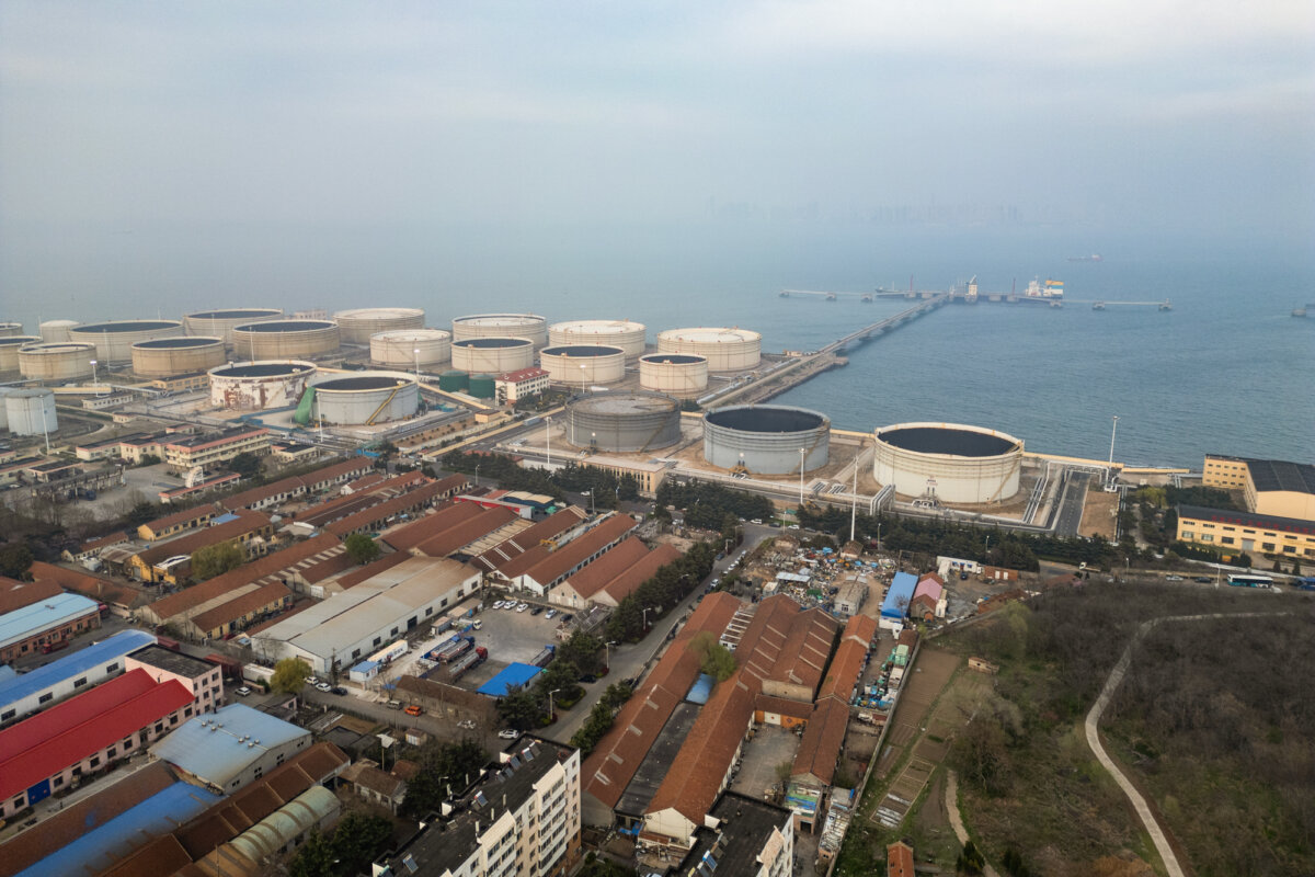 A cluster of tanks stores imported crude oil at Qingdao Port Crude Oil Terminal in Qingdao, Shandong Province, China, on April 12, 2026. For decades, Beijing has purchased most of Iran's sanctioned oil at heavy discounts. Iran has also provided China with a platform to conduct business in Chinese yuan, allowing it to bypass U.S. sanctions in the dollar system. (Staff/Getty Images)
