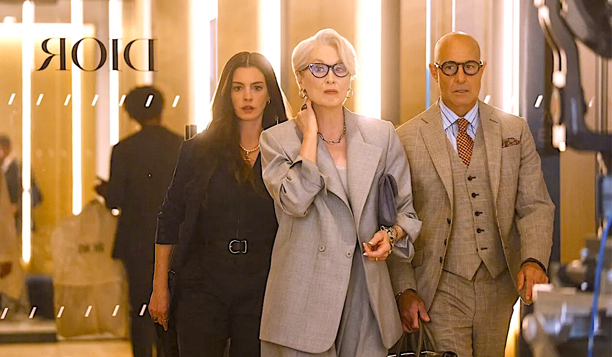 Andrea Sachs (Anne Hathaway), Miranda Priestly (Meryl Streep), and Nigel Kipling (Stanley Tucci), in "The Devil Wear Prada 2." (Macall Polay/20th Century Studios)