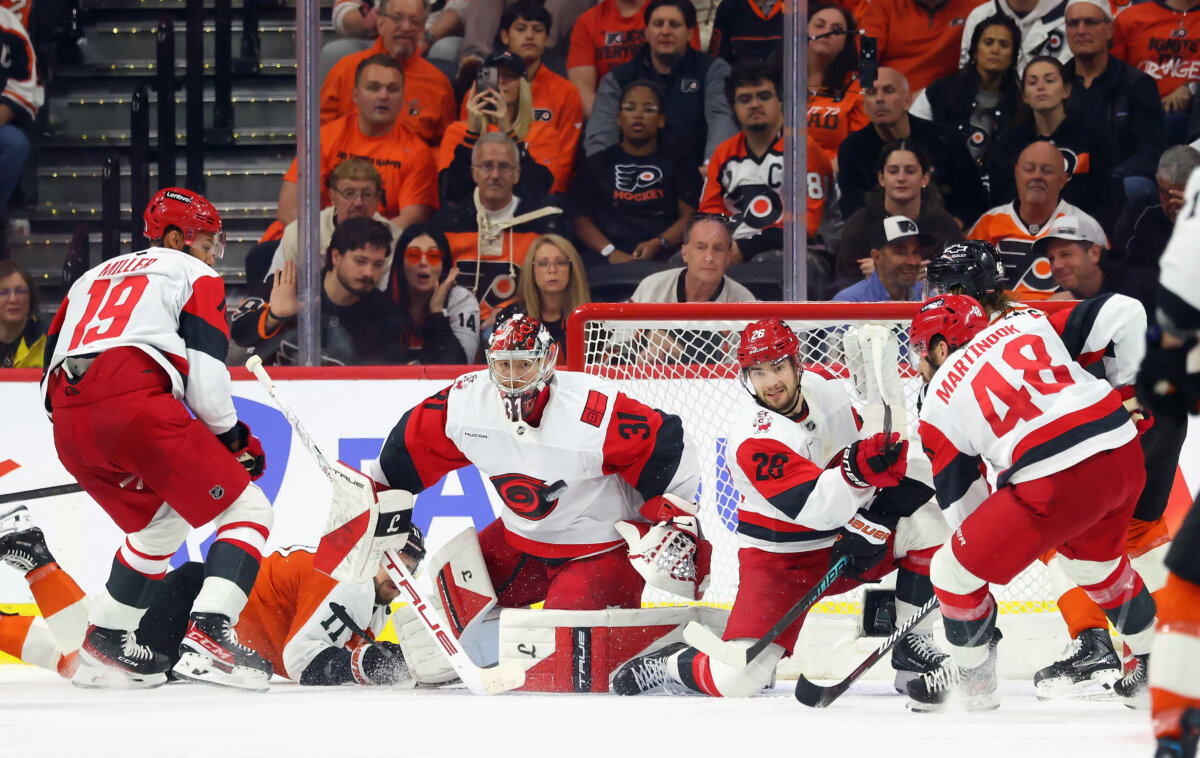 The Carolina Hurricanes defend against the Philadelphia Flyers in Game Three of the Second Round of the 2026 Stanley Cup Playoffs at the Xfinity Mobile Arena in Philadelphia on May 7, 2026. (Bruce Bennett/Getty Images)