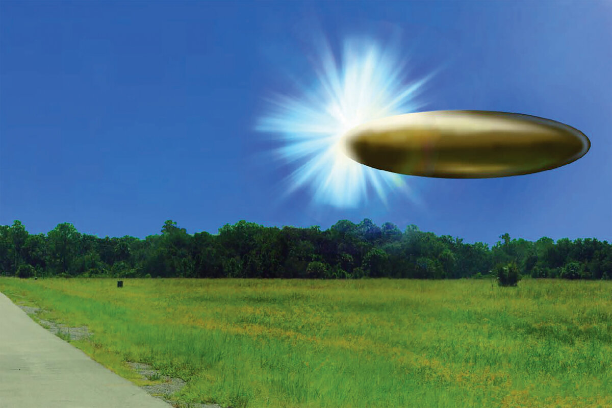 In this handout image provided by the Department of War, an actual site photo with FBI Lab rendered graphic overlay depicting corroborating eyewitness reports from September 2023 of an apparent ellipsoid bronze metallic object materializing out of a bright light in the sky, 130-195 feet in length, and disappearing instantaneously. The Department of War announced the initial release of new, never-before-seen files on unidentified anomalous phenomena as part of a Trump administration transparency effort. (U.S. Department of War via Getty Images)