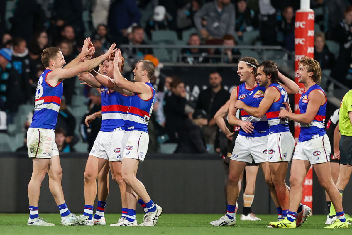 Bulldogs celebrate victory during the AFL Round 9 match between the Port Adelaide Power and the Western Bulldogs at Adelaide Oval in Adelaide on May 8, 2026. (AAP Image/Matt Turner)