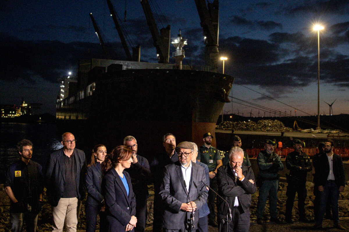 The head of the World Health Organization (WHO) Dr. Tedros Adhanom speaks to the media after inspecting the preparations at the reception point for passengers from the MV Hondius at the Granadilla Port in Tenerife, part of the Canary Islands, Spain, on May 09, 2026. (Chris McGrath/Getty Images)