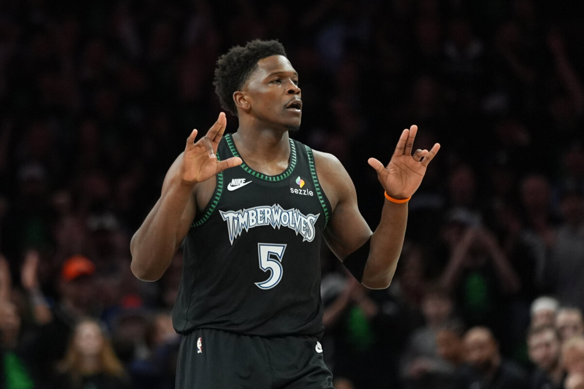 Minnesota Timberwolves guard Anthony Edwards reacts after scoring against the San Antonio Spurs during the first half of Game 4 of an NBA basketball second-round playoffs series in Minneapolis on May 10, 2026. (Abbie Parr/AP Photo)
